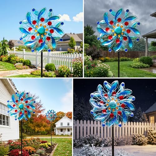 360° Solar Wind Spinners for Yard and Garden - Outdoor Metal Wind Sculptures & Spinners, Red Blue Kinetic Art with Solar Powered LED Multi-Color Glass Ball Lights for Patio, Lawn Decor - Image 4