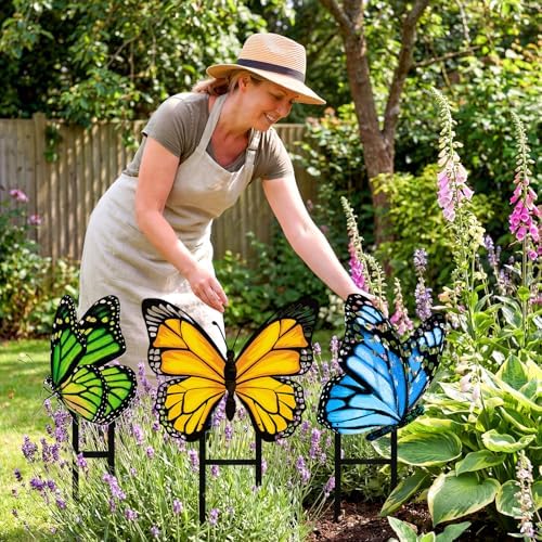 3 Pcs Green Yellow Blue Butterfly Metal Garden Stakes Spring Yard - Image 6