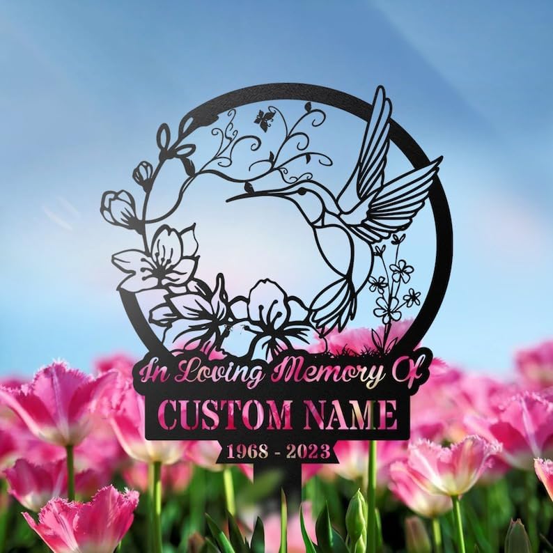 DINOMAN Personalized Memorial Plaques for Outdoors Floral Hummingbird Grave Marker Metal Garden Stakes Hummingbird Mom Dad Memorial Gifts Sympathy Gifts for Loss of Loved One (Floral Hummingbird) by DINOMAN
