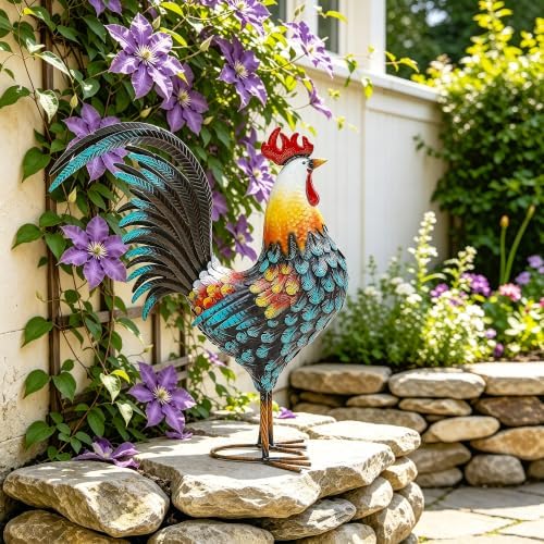 32" Majestic Metal Rooster Yard Decor, Large Outdoor Garden Statue - Image 2
