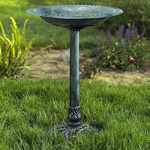 Westcharm 28 Inch Lightweight Verdigris Green Poly Resin Outdoor Birdbath for Outside with Decoration Pedestal Base Stand - Pedestal Bird Bath for Outdoors Yard and Garden by Westcharm