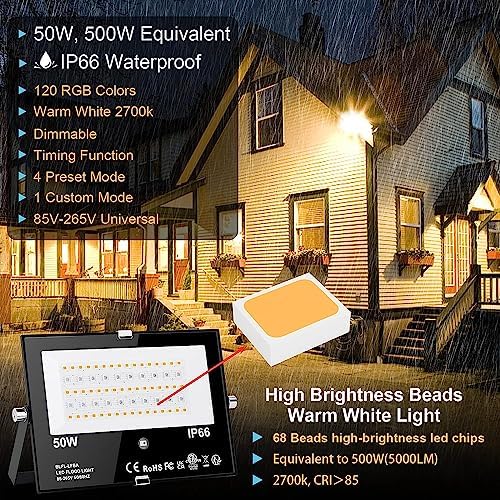 LED Flood Light Outdoor RGB Stage Lights Color Changing 500W Equivalent 2700k Warm White 5000LM(Remote Control, 120 Colors Strobe, Dimmable, Timing, US 3-Plug) Wall Wash Landscape Spotlight 2 Pack - Image 2