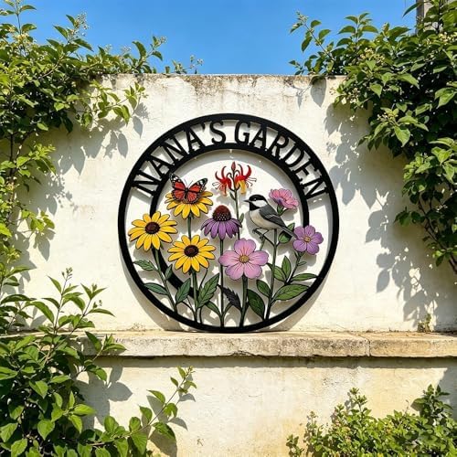 Nana’s Garden Custom Metal Wall Decor – Round Laser-Cut Plaque with Chickadee Bird, Monarch Butterfly & Blooms, Exquisite Floral & Bird Pattern, Heavy-Duty Weather-Resistant Metal Decor, Thoughtful Gift for Grandma, Outdoor Garden, Patio and Home Wall ... - Image 2