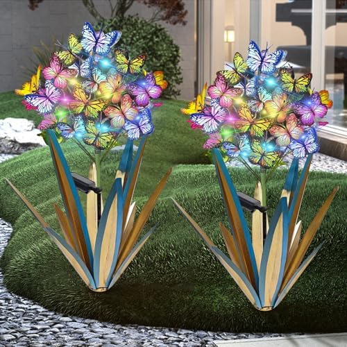 Homight Solar Metal Agave Butterfly Flower Stick Garden Sculpture - Outdoor Gift, Christmas Lights - Swaying Butterfly Garden Lights (2 PCS Blue) by HomightCentennial
