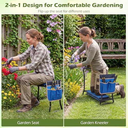 2-in-1 Garden Kneeler and Seat, Folding Garden Seat w/EVA Foam Kneeling Pad & Removable Tools Pouch, Sturdy Steel Frame, No Assembly, Portable Heavy Duty Garden Stool for Women Men Seniors - Image 3