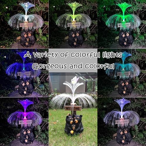 Solar Bear Garden Statues,Resin Black Bear Family Figurine with Welcome Card and 7-Color Changing Optical Fiber with Solar Lights, Lawn Decor Outdoor Statue for Patio,Balcony,Yard,Lawn - Image 4