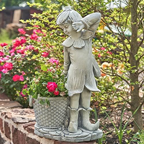 30" Tall Magnesium Fairy Statue with a Planter Side Basket (Antique White) - Image 7