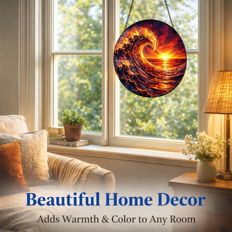 Stained Glass Window Hanging - 11.8" Fiery Ocean Wave and Sunset Suncatcher Glass Panel, Home Decorative Hanging Ornament for Kitchen or Garden, Ideal Gift for Mother, Wife or Women - Image 5