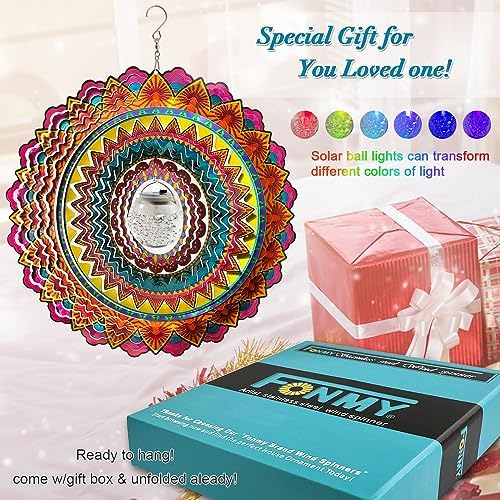 FONMY Solar Wind Spinner Mandala Flame 3D Stainless Steel Hanging Wind Spinners Worth Gift Christmas Decoration Indoor/Outdoor Garden Décor Kinetic Yard Art 12 Inches Multi Red Wind Sculpture - Image 2