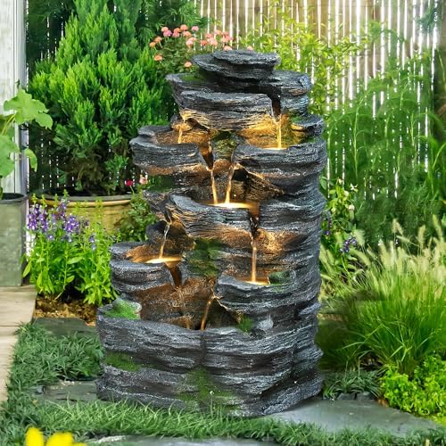 7-Tiers Cascading Rock Water Fountain Outdoor, Garden Waterfalls - Image 2