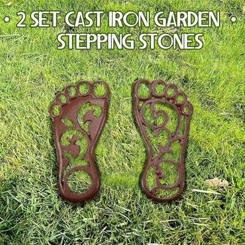 Hicarer 2 Sets Cast Iron Garden Stake Down Stepping Stones Feet Heavy Duty Footprint Stepping Mat Walking Stones for Garden Walkway Decor Cast Iron Flagstone Lawn Panel Walkway Landscaping Outdoor - Image 4