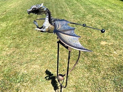 Kinetic Metal Mystical Dragon Yard Stake Wind Spinner Rocker Rocking Whirly-Gig Garden Art, 51" Tall Brown Antiqued Metal, Flying Dragon Yard Art - Image 2