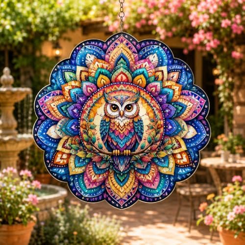 Shwing 12 Inch Wind Spinner Colorful Owl Mandala Hanging Decor Vibrant Boho Metal Ornament Outdoor Kinetic Garden Art 3D Wind Spinner for Patio Porch Balcony Backyard Decoration - Image 6