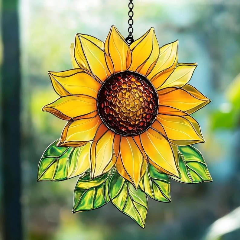 Sunflower Acrylic Suncatcher 12 Inches, Fall Decoration Indoor Outdoor, Bedroom Porch Decor, Stained Glass Effect Window Hanging, Floral Garden Decor, Flower Lover Gift for Mom Grandma Women by XISZYS
