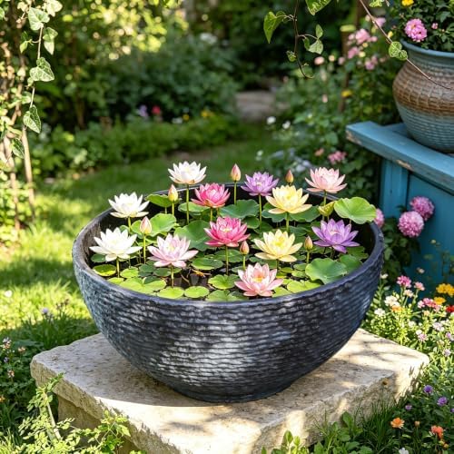 Sungmor Large Garden Bowl Planter Water Plant Pot, Miniature Landscaping Succulent Planter, 15.6 Inch Marble Texture Water Lily Pots, Small Fountain Base Mini Fish Pond Bird Bath - Image 5