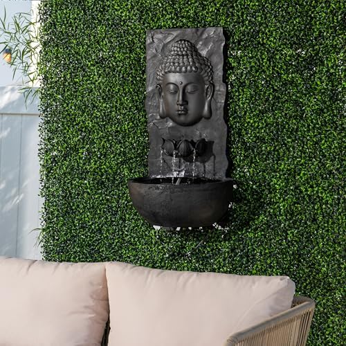 XBrand 30" H Buddha Water Fountain, Zen Wall Outdoor Garden Fountain w/Warm LED Light & Pump, Black Resin Water Fountain for Patio Backyard Home Decor - Image 3