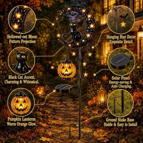 Solar Halloween Black Cat & Pumpkin Moon Garden Stake Light, with Hanging Pumpkin Lantern, Outdoor Halloween Decorations Yard Decor Lights for Garden, Patio, Lawn, Walkway, Porch(Style-B) - Image 3