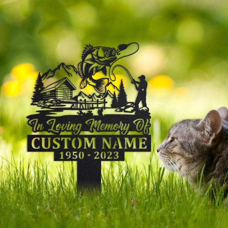 Personalized Memorial Plaques for Outdoors Mountain Cabin Scene Fisherman Grave Marker Metal Garden Stakes Fishing Lover Memorial Gifts Sympathy Gifts for Loss of Loved One (Fisherman 2) - Image 3