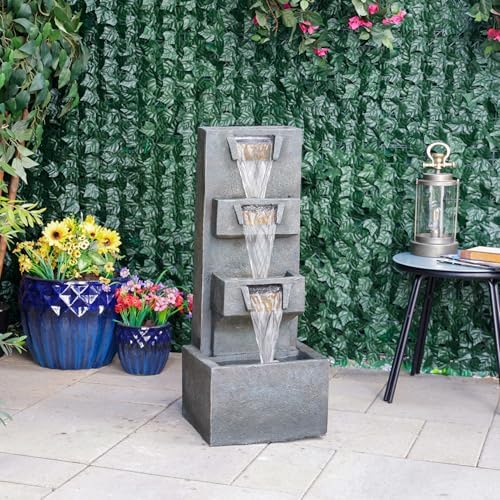 Alpine Corporation TZL406 33" 3 Tier Basin Cascading Fountain with LED Lights, Outdoor Water Feature for Garden, Patio, Backyard & Home Decor, Elegant Waterfall Design, Gray - Image 2