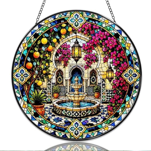 9.84 Inch Stained Glass Window Hanging Moroccan Courtyard Fountain and Floral Arch Sun Catchers Mediterranean Gardeninspired Suncatchers for Home Porch Garden Indoor & Outdoor Decor by Unknown