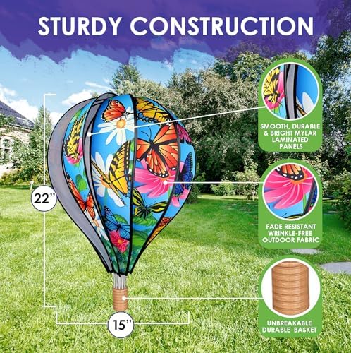 Hot Air Balloon Hanging Garden Spinner 22" - Vibrant Butterflies Design, Weather-Resistant Outdoor Decor, Durable & Lightweight for Patios, Yards, and Gardens - Eye-Catching Wind Spinner - Image 3