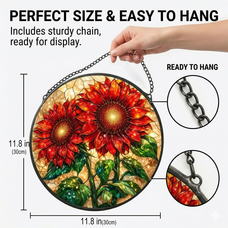 Stained Glass Window Hanging-11.8" Sunflower Suncatcher Glass Panel,Vibrant Red and Gold Floral Window Art,Home Decorative Hanging Ornament for Kitchen or Garden,Ideal Gift for Mother,Wife or Women - Image 3