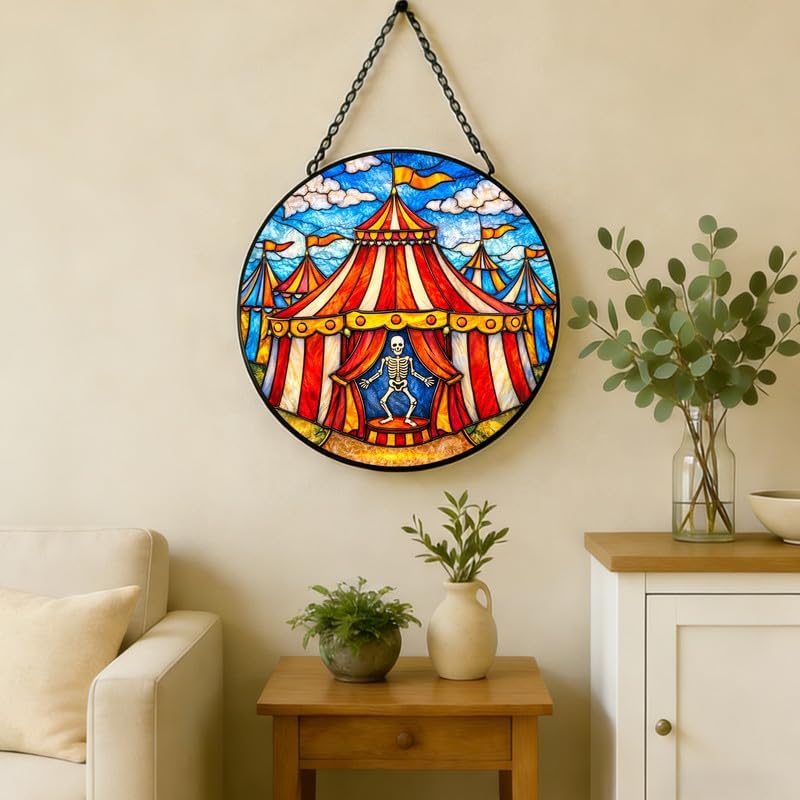 Stained Glass Window Hanging Suncatcher 11.8 in Circus Tent Skeleton Performer Colorful Glass Panel Sun Catcher for Window,Window Hanging Decor for Home,Housewarming Gift - Image 5