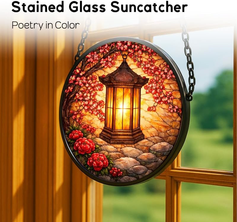 Stained Glass Window Hanging，Japanese Style Lantern 11.8in Sun Catchers Indoor Window, Home Decor Inside and Outside the Cottage, Gifts for Women - Image 2