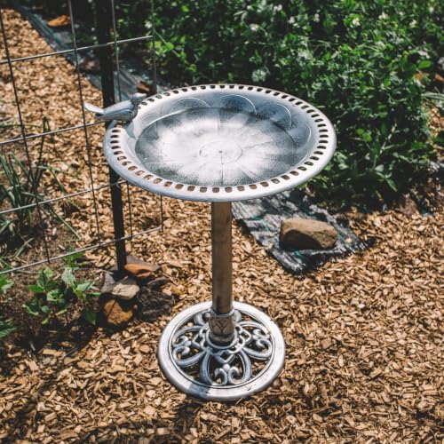 Backyard Expressions Outdoor Garden Bird Bath with Bird - Silver - Weather Resistant Polyresin - 30 Inch - Image 6