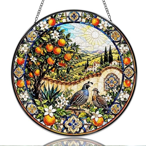 9.84 Inch Stained Glass Window Hanging Orange Tree and Quail Countryside Scene Sun Catchers Mediterranean Landscape Suncatchers for Home Porch Garden Indoor & Outdoor Decor by Unknown