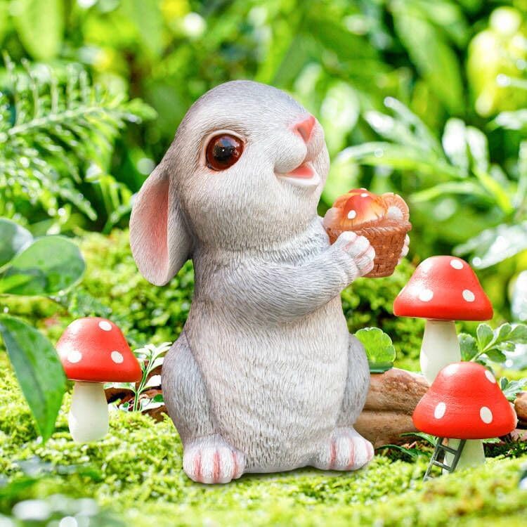 Solar Rabbit Garden Statues Outdoor Decor Resin Bunny Figurine Holding Mushroom with LED Lights for Porch Patio Lawn Yard Christmas Housewarming Gardening Gifts for Mom Grandma - Image 2