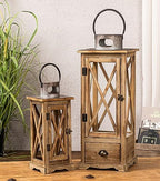 TIMRIS Large Farmhouse Wooden Candle Lantern Set of 2, Rustic Floor Candle Lanterns with Drawer, Vintage Hurricane Lantern Holder for Indoor Outdoor Decor (No Glass) by TIMRIS