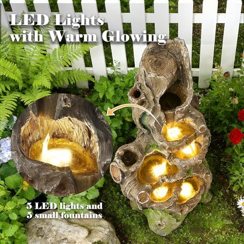 40" Tall Outdoor Water Fountain, 5-Tiers Cascading Realistic Tree Trunk Natural Water Feature, Large Garden Fountain with Waterfalls and LED Lights for Deck, Patio, Porch and Yard - Image 4