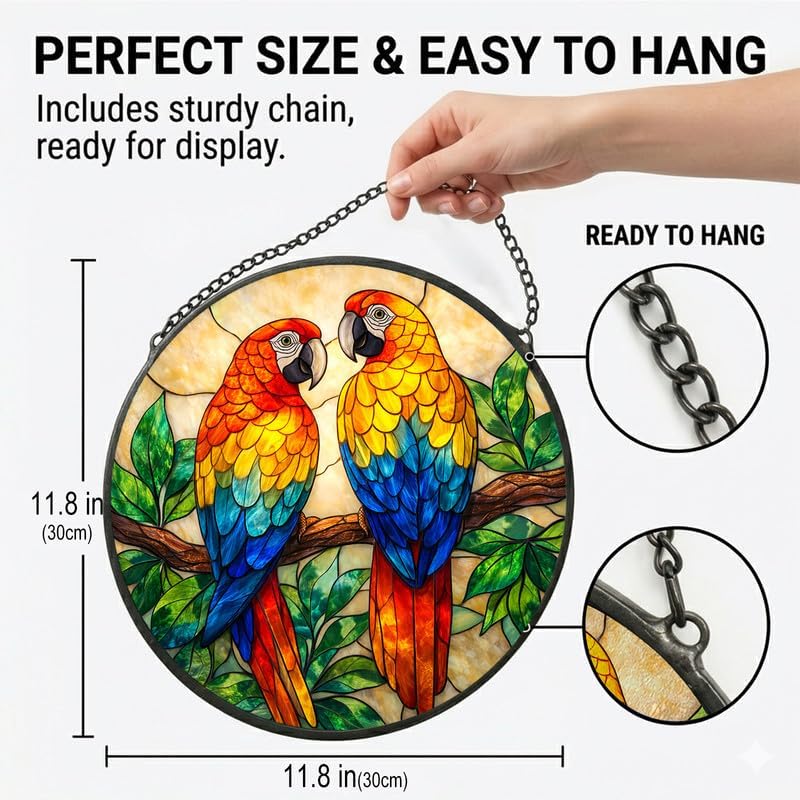 Stained Glass Window Hanging - 11.8" Colorful Macaw Parrots on Branch Suncatcher Glass Panel, Home Decorative Hanging Ornament for Kitchen or Garden, Ideal Gift for Mother, Wife or Women - Image 3