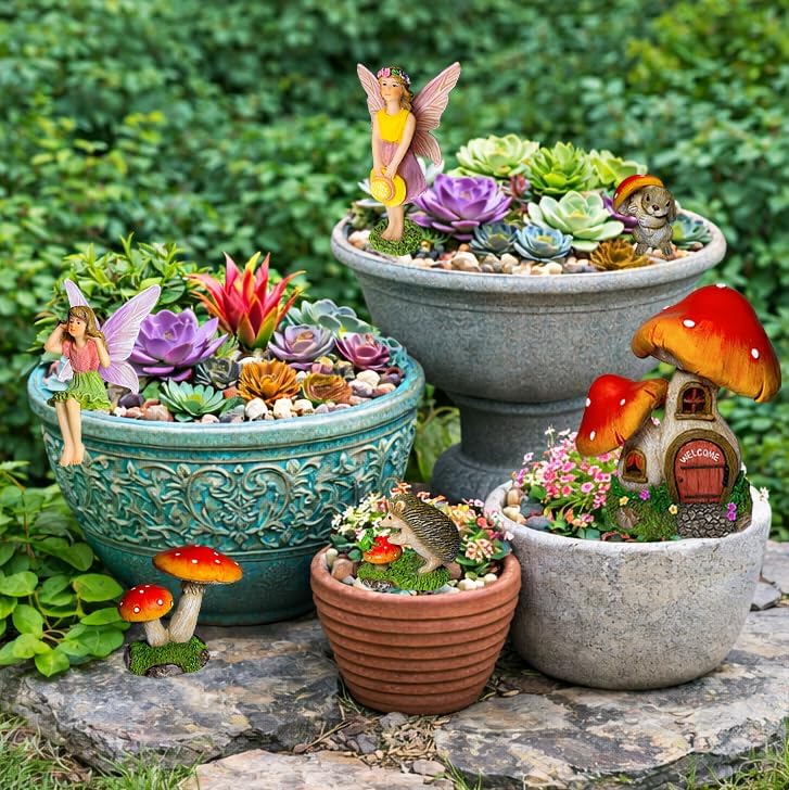 Mood Lab Fairy Garden Figurines - Mushroom House Set (6 pcs) - Miniature Decorative Statues & Accessories - Outdoor & Indoor Garden Decor - Image 4