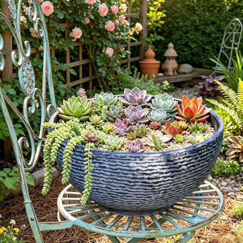 Sungmor Large Garden Bowl Planter Water Plant Pot, Miniature Landscaping Succulent Planter, 15.6 Inch Marble Texture Water Lily Pots, Small Fountain Base Mini Fish Pond Bird Bath - Image 6