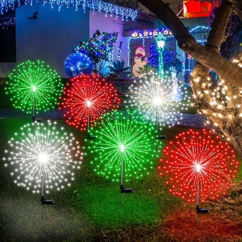 Tujoe 9 Pcs Christmas Solar Firework Stake Lights 180 LED 8 Modes Solar Waterproof LED Sparkler Lights Outdoor Decoration for Garden Patio Yard Pathway Walkway Lawn (Red Green White) - Image 2