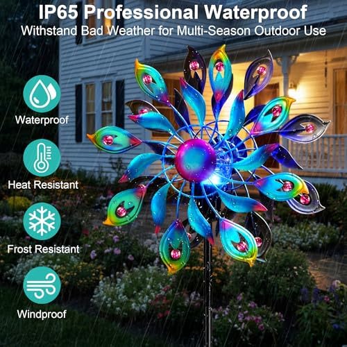 360°Peacock Solar Wind Spinner with Lights Blue Metal Garden Outdoor Decor Yard Lawn Art Decor for Patio Kinetic Windmills Unique Gifts for Friends and Family 51.9' H x 12.2'' Dia - Image 2