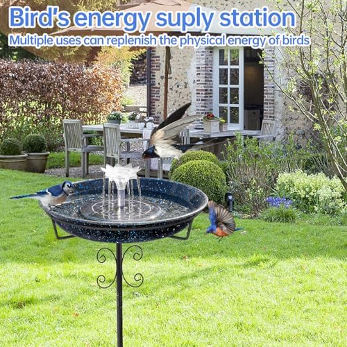 Yiabivo Solar Powered Bird Bath with Fountains for Hummingbirds,Stable Stylish Design with 5-Prong Base Stake Metal Bird Bath for Outside Yard Lawn Patio Garden(Blue) - Image 6