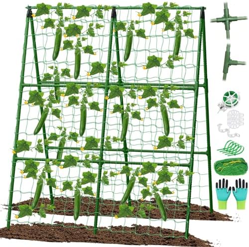 Cucumber Trellis for Raised Beds, 31 X 47 Inch Adjustable Size A-Frame Garden Trellis for Climbing Plant Outdoors with Climbing Net and Plant Support Clip for Vegetable Grape Tomato Garden Supplies by LifeisLuck