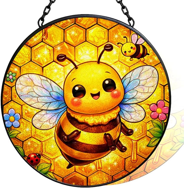 Stained Glass Window Hanging - 11.8" Cute Honey Bee and Honeycomb Suncatcher Glass Panel, Home Decorative Hanging Ornament for Kitchen or Garden, Ideal Gift for Mother, Wife or Women by Vexila