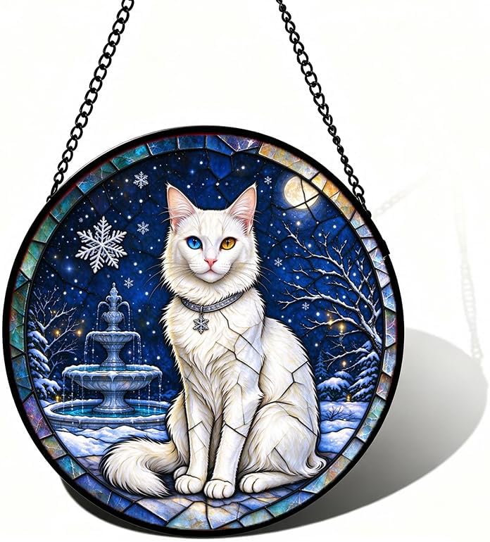 Stained Glass Window Hanging Turkish Angora Cat Suncatcher Gifts 9.8" by Unknown