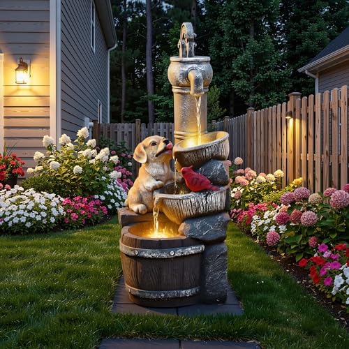 30" Puppy & Red Bird Outdoor Fountain, 3-Tier Pastoral Water Feature with LED Lights, Resin Two Bowls & Wooden Barrel Soothing Cascading Waterfall for Patio, Backyard, Garden by Ultym
