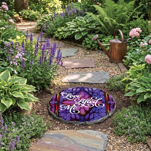 Magnolia Garden Love Lifted Me Garden Stepping Stone, 10 Inch Round Resin Outdoor Decorative Stone with Purple Stained Glass Inspired Christian Design, Hymn Garden & Walkway Décor - Image 6