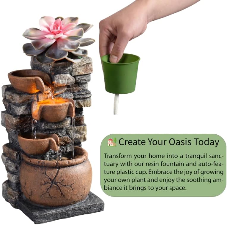 Indoor Fountain 4-Bowl Rockery Soothing Sound Tabletop Fountains Home/Office Decor with a Small Plastic Pot to Grow The Plant by Yourself(Automatic Watering)(23001) - Image 3