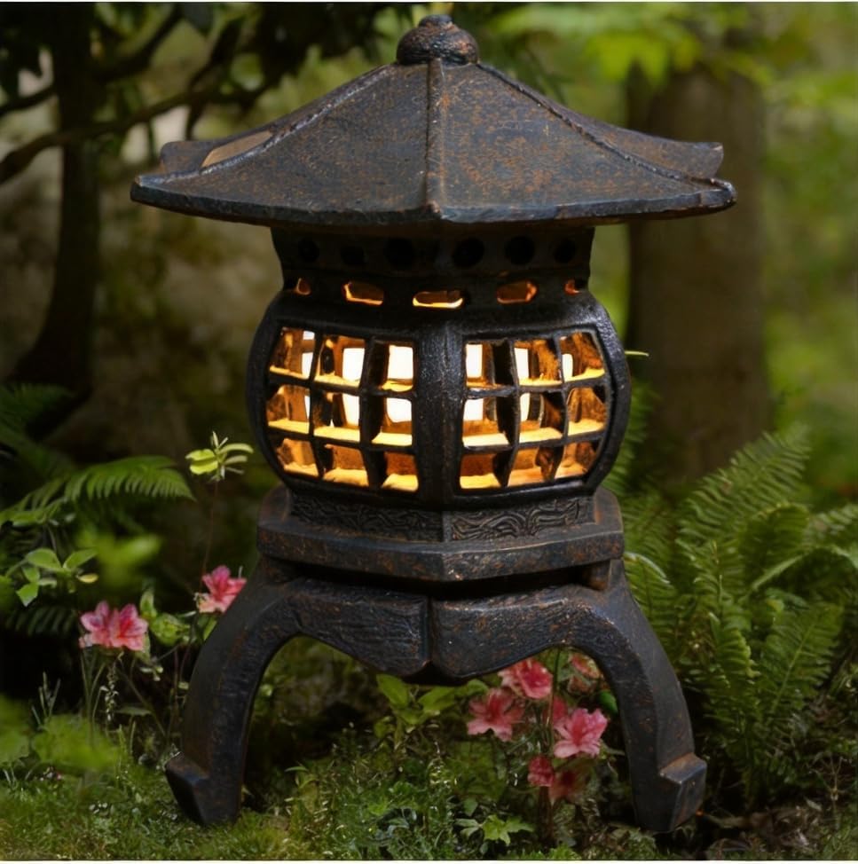 TIAAN Japanese Garden Lantern, “Yukimi-gata” Designed, Super Bright LED Illuminated Pagoda Light, Solar Power Garden Lantern， Stone-Look Finish, Decorative Outdoor (Oki-gata) - Image 3