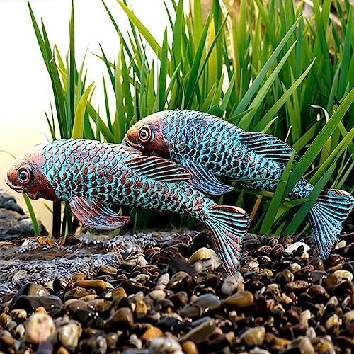 Set of 2 Antique Koi Fish Statue, Outdoor Garden Sculpture for Patio, Backyard, Pond, and Home Decor by GardenArt