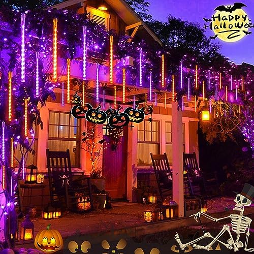 Halloween Meteor Shower Lights Outdoor 2 Pack 16 Tubes Orange and Purple - Image 2