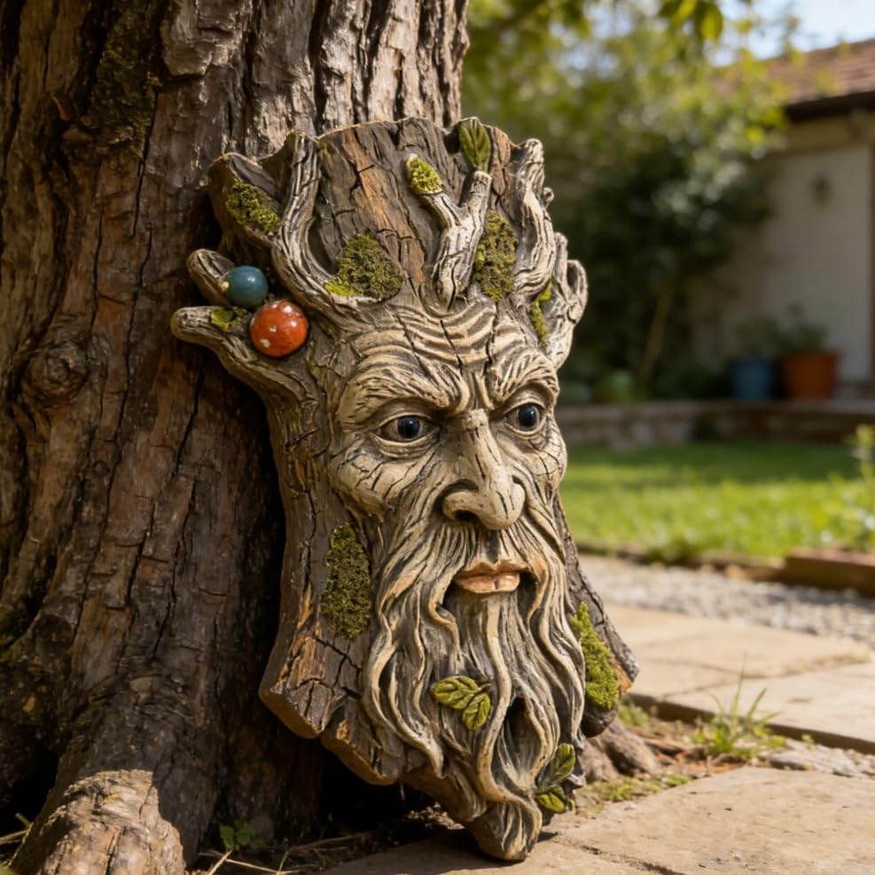 Tree Face Garden Statues Outdoor Decoration Clearance, Whimsical Old Man Tree Faces for Fence Hugger Sculpture, Wallmount Statue Fairy Art with Mushroom, Patio Home Hanging Decor, 6.9" x 2.8" x 9.8" - Image 4
