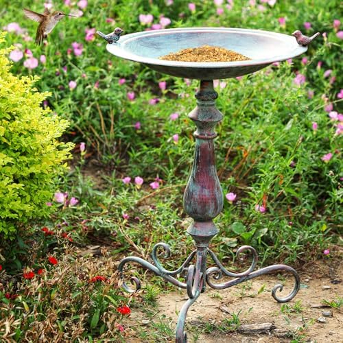 Newtay 27.25 Ornate Metal Pedestal Style Birdbath with Cast Iron Vintage Birds Baths for Outdoors on Rim Full Base Standing Bird Bath Tray for Garden Yard Decoration, Green, Not Easy to Rust - Image 6